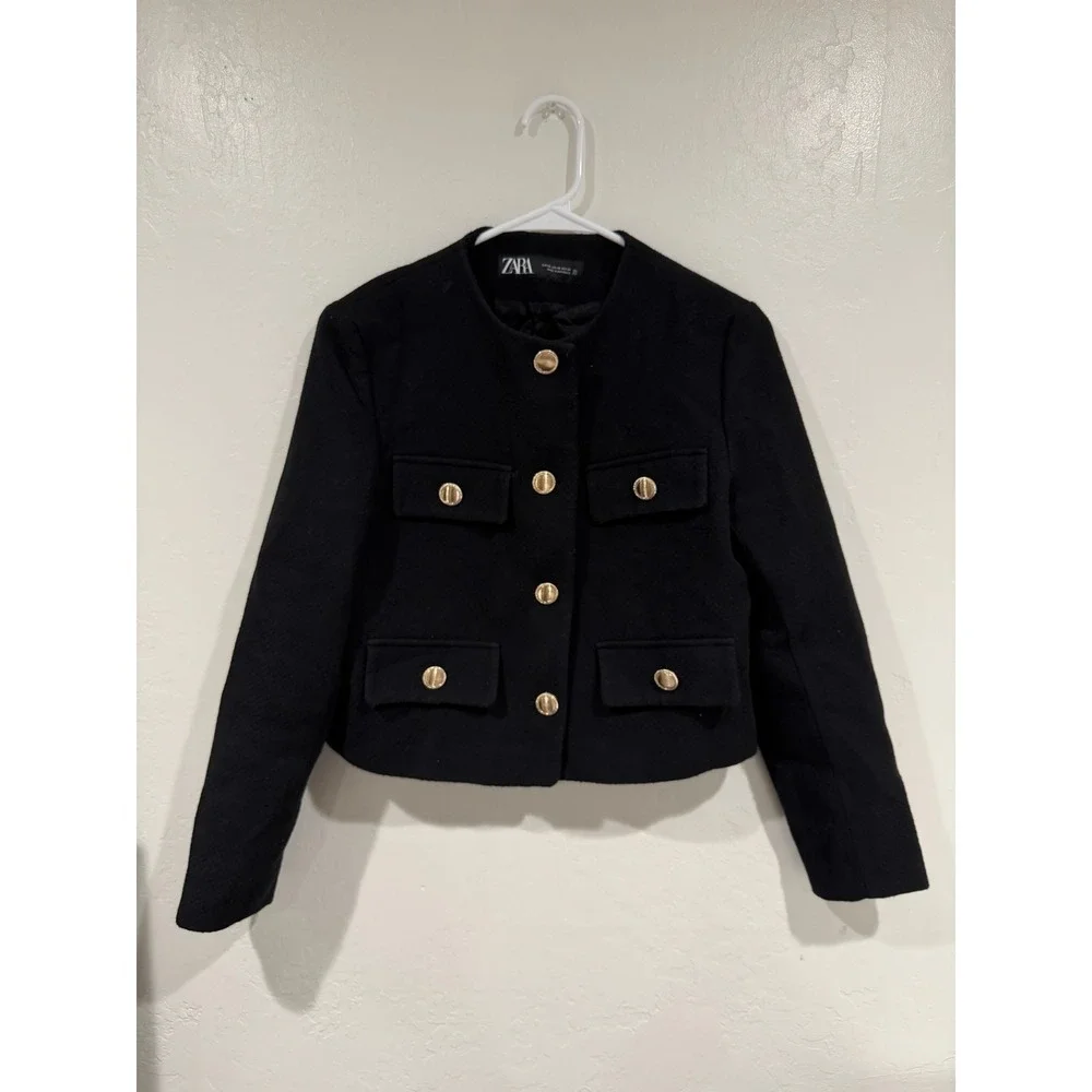 Zara Black Textured Cropped Jacket Gold Crest Buttons Military Style XS